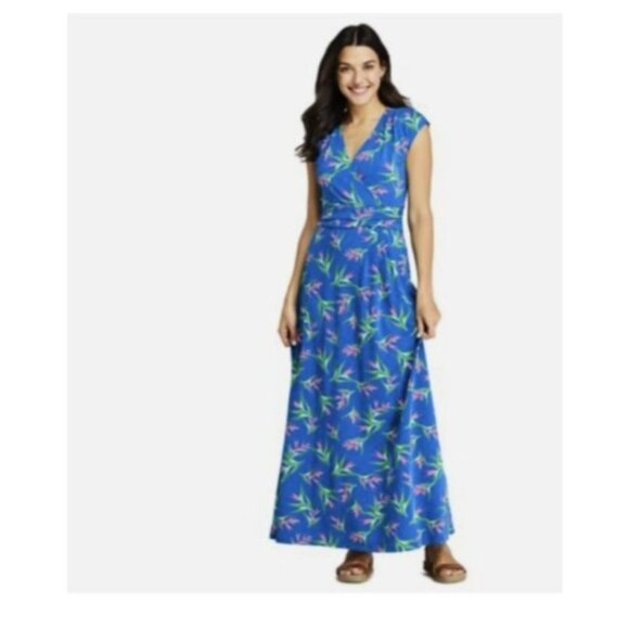 Lands End Womens Blue Floral Maxi Dress knit V-Neck Short cap Sleeves size XL - Picture 1 of 7